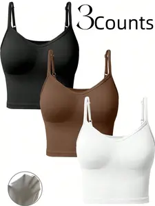 Women's 3-Piece Solid Color Adjustable Strap Seamless Sports Tank Tops, Breathable Activewear for Indoor and Outdoor Use, Comfortable Tight-Fitting Clothing for Gym Workout, Running Wireless Sports Bras