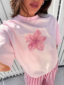 TikTok Viral 2026 Women's Oversized Hibiscus Graphic T-Shirt，Watercolor Pink Flower Print Short Sleeve Crew Neck Tee，Y2K Coquette Aesthetic Streetwear， Vacation, Beach, Brunch, Daily Wear - Trendy Summer Outfits for Teen Girls & Young Women