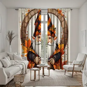 2pcs Autumn Wizard Gnome Curtains - Fall Leaves & Floral Design, Semi-Transparent Polyester, Rod Pocket for Easy Hanging, Machine Washable, Perfect for Living Room or Bedroom Decor, Light Filtering Curtains | Whimsical Curtain Design | Easy Slide Curtains