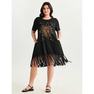 BloomChic Women's Plus Size Sunkissed Print Fringe Hem Short-Sleeve Midi T-Shirt Dress [M-6X], 2026 Summer Vibes Swimweek, Polyester-Spandex Casual Fabric Garment, Spotlight Deals Fit Womenswear