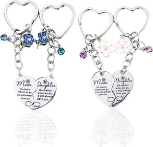 4PCS Mother Daughter Matching Keychain Set, Stainless Steel Pink Flower Blue Rose Rhinestone Charm Heart Design for Backpack Purse, Sentimental Keepsake Present for Mom Daughter for Birthday Easter