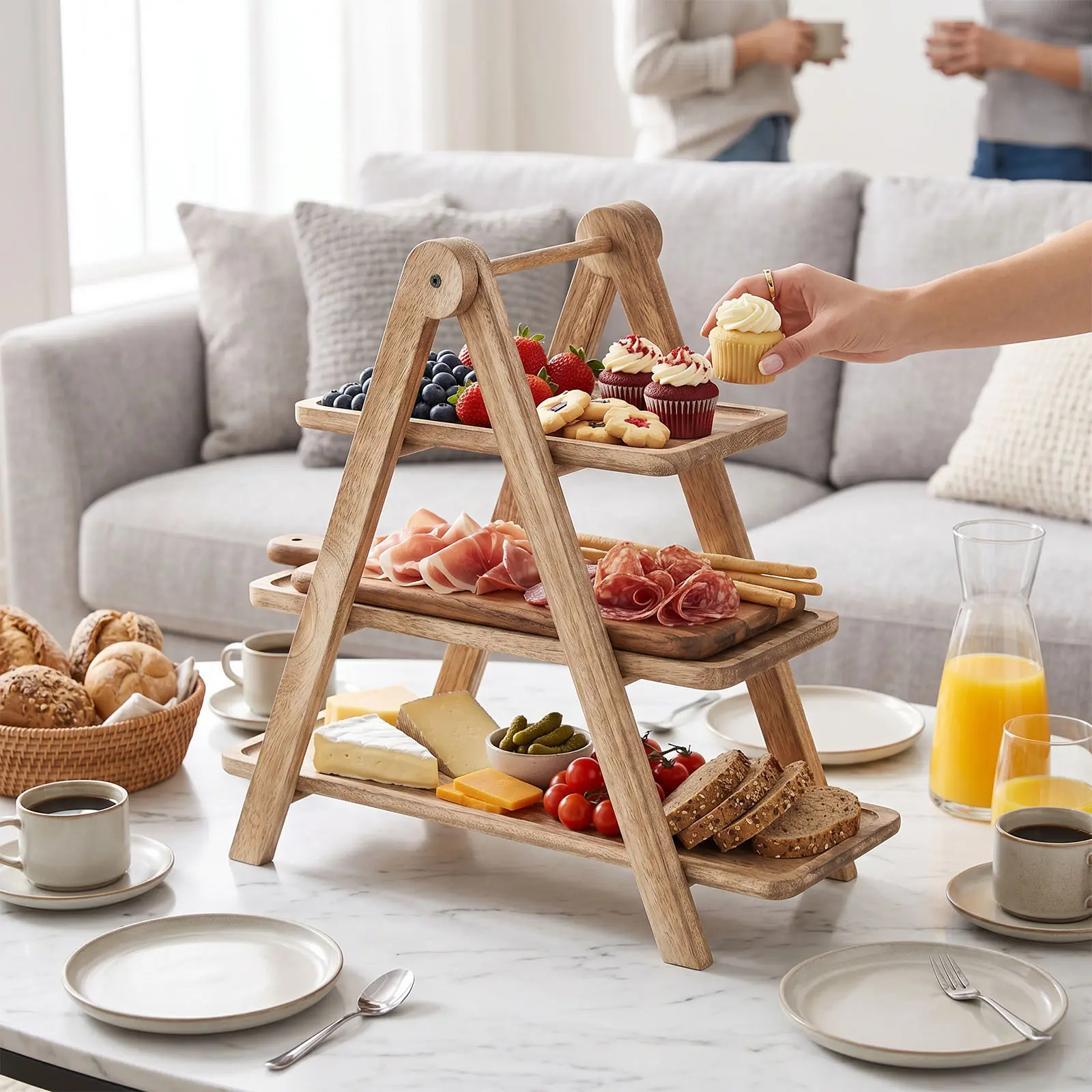 LOVEWE 3-Tier Lightweight Sturdy Wood Serving Tray Organiser, Smooth Rectangle Wooden Farmhouse Decorative Platter for Snacks, Desserts, Pastries, Tabletop Party Setup & Kitchen Household Use, Multifunctional