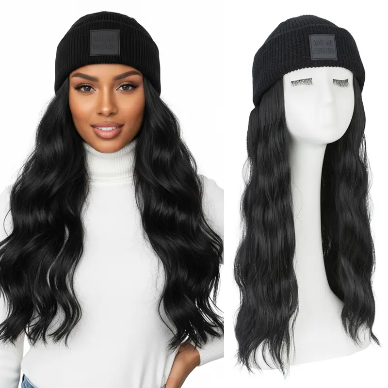 Beanie Wig Hat Hair Extensions 11 Inch Straight & 18 Inch Wavy Body Wave Synthetic Hat Wigs for Women Girls Winter Black Brown One Size Fits All Elastic Knitted Hat Christmas Gifts