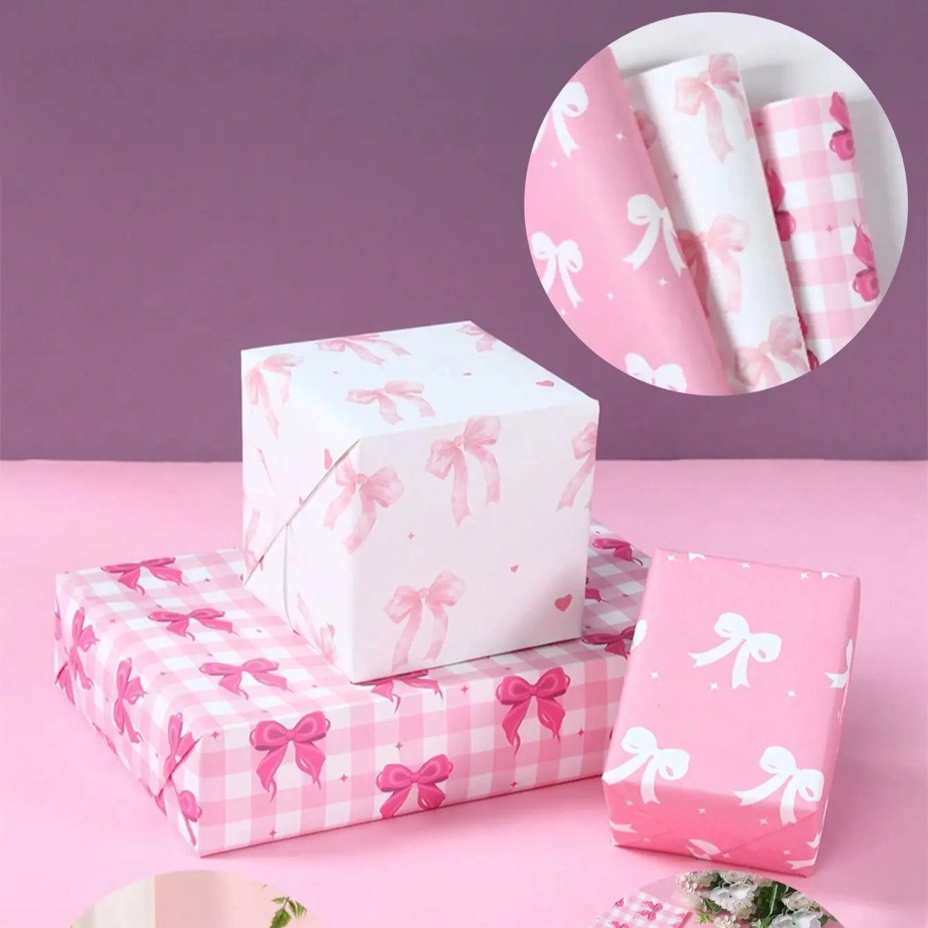 3pcs/1set Valentine's Day gift wrapping material DIY gift wrapping paper, pink bow wrapping paper, suitable for birthday Valentine's Day wedding bride shower party supplies, gift wrapping paper, Creative Gift Packaging, Gift Idea