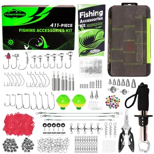 411-Piece Fishing Gear Accessories Kit [2025 New] Tackle Box with Pliers Fish Lip GripsTackle Storage Trays Hooks Weights Jig Heads Swivels 21 Pre-Made Rigs – Fishing Gear for Lures Fishing