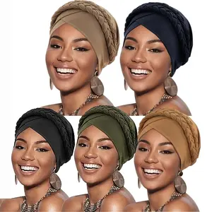 5pcs Stylish Women Turban Headscarf Set | Pre-Tied Double Twisted Braid Hair Cover Wrap, Chemo Cancer Hat, Solid Color, Breathable, Pull-On Closure, Perfect for Daily Wear and Gift-Giving