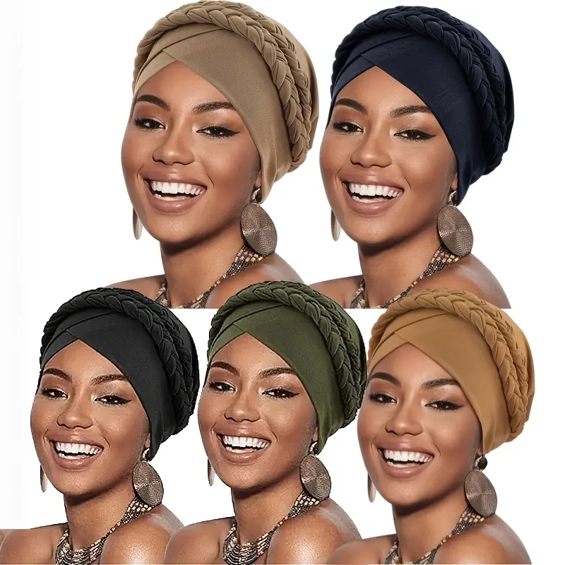 Women's 5-Piece Pre-Tied Turban Head Wrap, Boho Solid Color Hair Cover, Pull-On Double Braid Female Chemo Cover for Everyday Wear, Boho Hair, Daily Wear