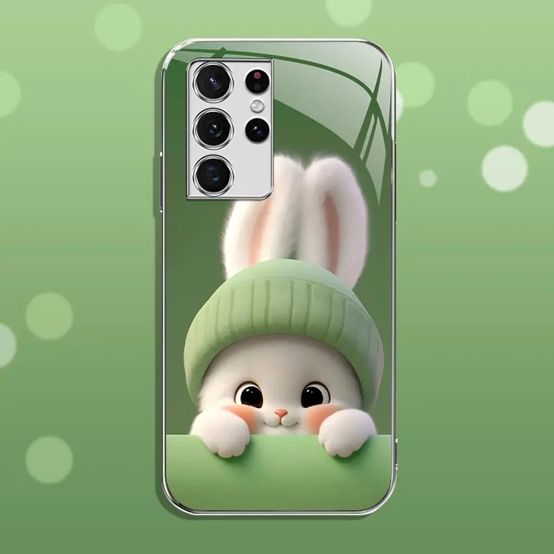 Light green rabbit panda for【Galaxy S21 Ultra 5g】luxury electroplated glass mobile phone case --- 975