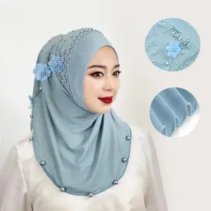 Hot - Selling Malaysian Women's Headscarf Hats - Embellished with Beads and Flowers, Elastic & Solid - Colored