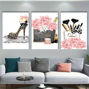 Set Of 3 Framed Canvas Paris Fashion & Fashion Art Printed Theme Canvas Wall Art Printed Posters, 2D Flat, Canvas Wall Art, Suitable For Wall Decoration In Living Rooms, Bedrooms, Bathrooms, Corridors And Kitchens, With Wooden Picture Frame