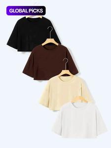 women's back to school solid round neck mitsy crop top , summer clothes women, loose casual half sleeve t-shirt, women's top for daily wear black girl outfits, fabric half tops, clothing, womenswear, tshirt