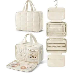 Travel Toiletry Bag with Jewelry Organizer, Hanging Travel Bag for Toiletries, Puffy Makeup Cosmetic Bag Organizer, Carry-on Travel Accessories Essentials, Beige-M