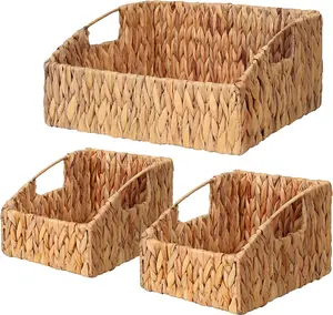 Water Hyacinth Storage Baskets, Handwoven Wicker Storage Bins with Built-in Handles, Storage Container Baskets for Shelves, Bedroom, Bathroom, Laundry Room or Kitchen(Set of 3)