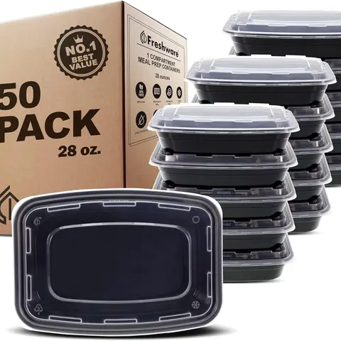 FRESHWARE 50-Pack 28oz Reusable Durable Solid Plastic Food Storage Containers - BPA-Free Compartments, Stackable Airtight, Leak-Proof, Shatter-Proof, Lidded, Reheat & Freeze Safe, Hygienic Kitchen Gadgets for Meal Prep, Fridge Organization
