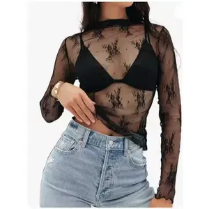 Sexy Women Mesh T-Shirts Transparent Lace Blouse Long Sleeve See Through Tops For Women O Neck Sheer Tees Body Crop Top Half High Collar Lace Bottomed Blouse T-Shirt Women's Sexy Lace Long Sleeve See Through Mesh L215