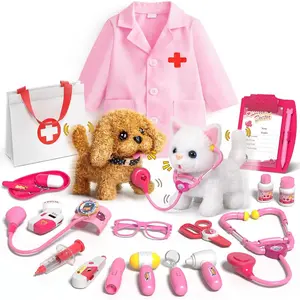 Pet Vet Kit for Kids with 2 Plush Pets (Dog & Cat) & Doctor Costume - 36Pcs Interactive Veterinarian Playset for Toddlers 3-5 to Overcome Fear of Doctors- Pretend Play Animal Hospital Toy Gift