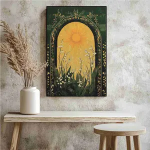 Golden Arch Sun Canvas Print Floral Frame Wall Art Nature Decor Vintage Emerald Green Lily of the Valley Art Nouveau Mystical Folk Art Botanical Print for Living Room Bedroom Meditation Space