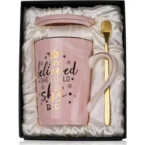 14oz Pink Ceramic Marble Gold Print Washable Coffee Cup with Lid - 2026 Graduation Gifts for Her, Spiritual Motivational Congrats Home & Festive Party Gift, Nicely Boxed Drinkware