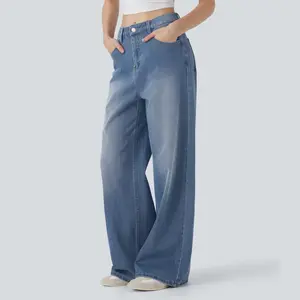 Halara Flex Mid Rise Washed Stretchy Knit Casual Baggy Jeans with Pockets