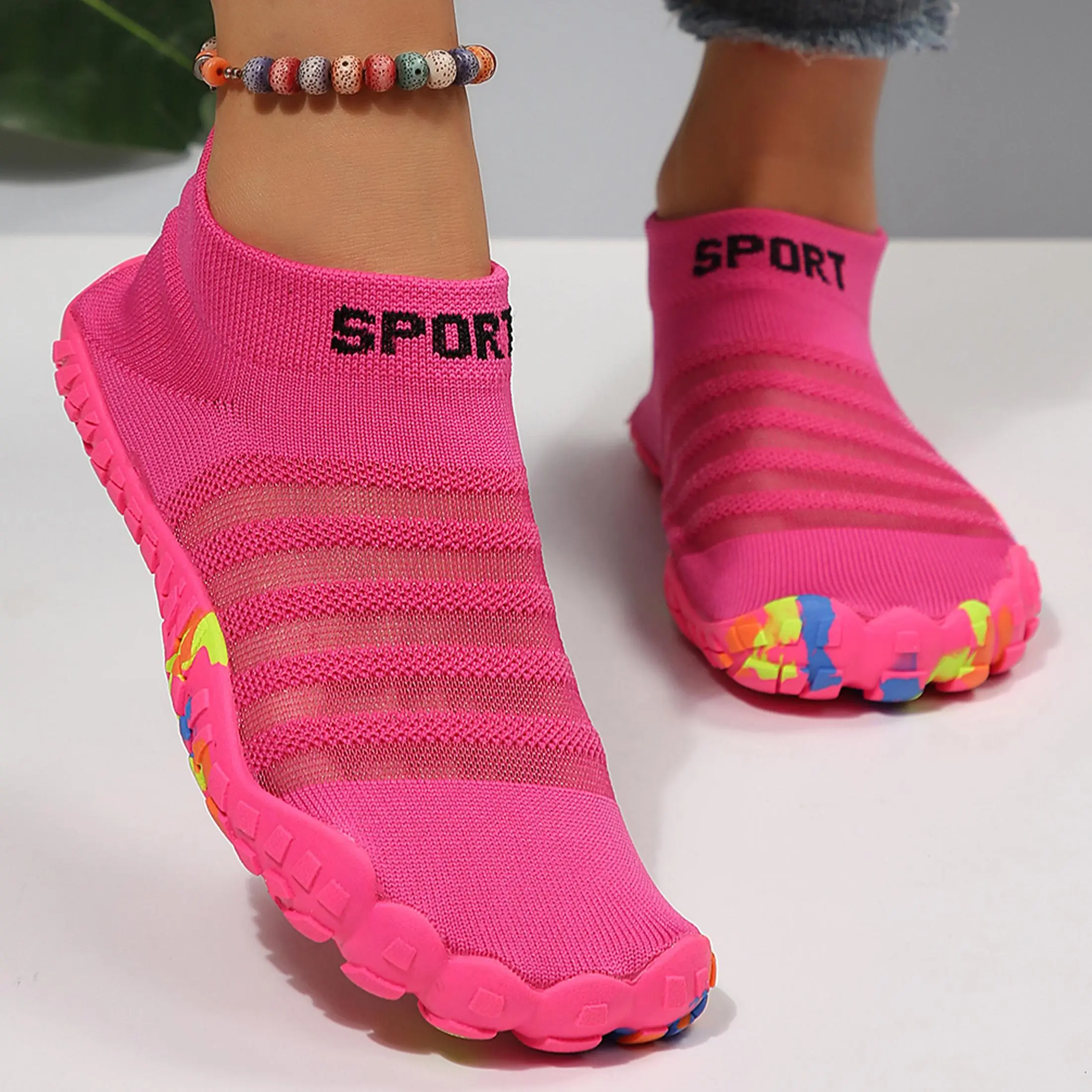 Women's Striped Knit Water Shoes Anti Slip Camo Sole Beach Swimming Casual Shoes