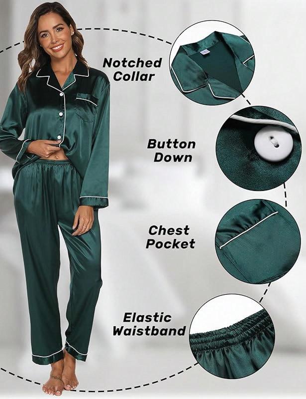 Silk Women Long Sleeve Button Down Sleepwear 2 Piece Loungewear Pjs Set Fall PjsHalloween Christmas New Year - Green