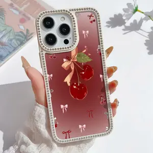 Glitter Cherry and Bow Diamond Border Phone Case - Cute & Sparkly Vibes Phone Case For iPhone 17 16 15 14 13 12 11 PRO PLUS MAX Phone Case #YGSMXZSHYYT1 Cover Casing