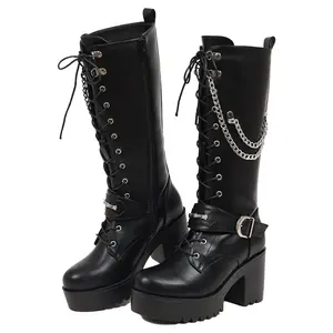 Women's Knee High Mid Calf Boots Goth Punk Platform Wedge Ankle Strap Buckle Chain Biker Military Combat Long Boots