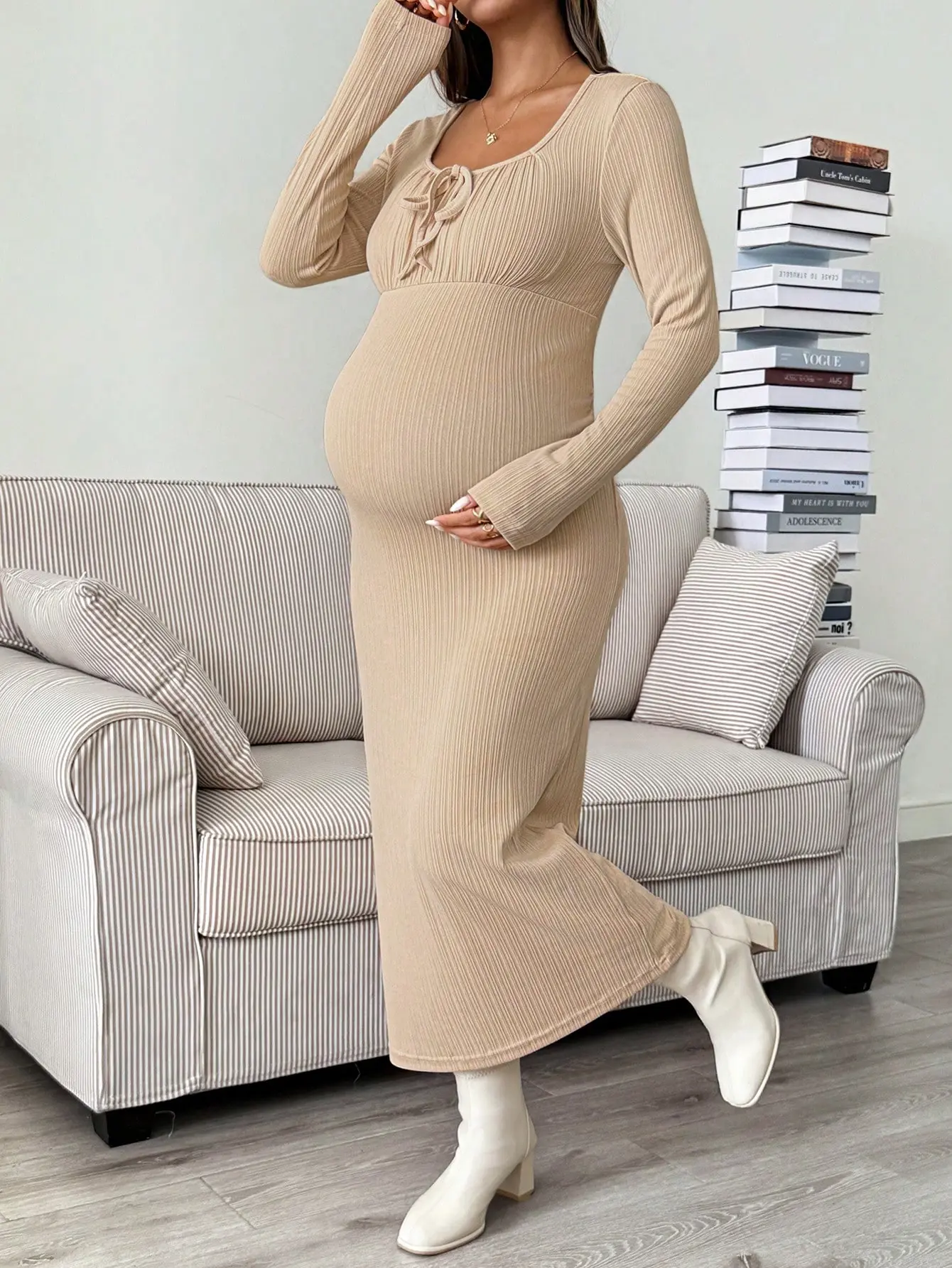 LALUZ Maternity Casual Commute Solid Color Fitted Dress Simple Chic Office Work Baby Shower Photoshoot Spring Summer Style