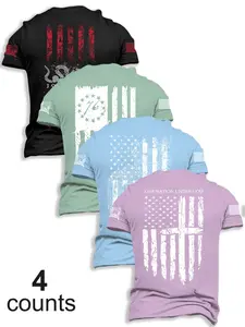 Men's Flag Pattern Graphic Print Round Neck Short Sleeve Fitted T-Shirt, Casual Comfortable Top, Suitable for Autumn Winter Outdoor Wear, 4 Pieces Set