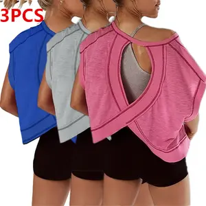 3Pcs/Set Womens Cotton Open Back Top Oversized Short Sleeve Workout Crop Shirts Casual Running Athletic Gym Yoga Activewear Tees Streetwear,summervibes