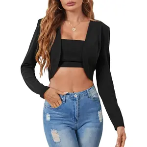 Women's Open Front Crop Blazer Long Sleeve Jacket Coat