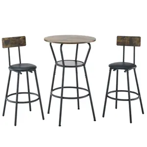 Donext Rustic Brown Round Bar Table and Stool Set with Shelf and Upholstered Stool with Backrest Stable 24.17W x 24.17D x 36.02H Compact & Versatile Home Decor