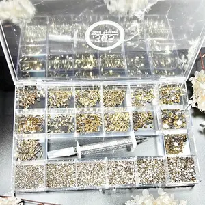 Gold Ore Rhinestones Box with 9340pcs and 14 Shapes Diamond Picker for Beading & Jewelry Making