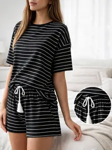 2-Piece Summer Suit, Loose-Fit Striped Knitted Set, Casual Round Neck Short Sleeve, Adjustable Drawstring Tassel Shorts, Outdoor & Home Wear