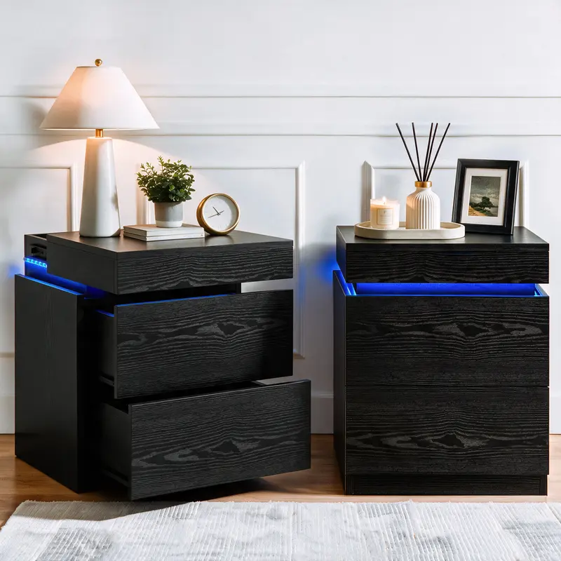 Sliding Top Hidden Storage-2 Drawers-Black-2PCS
