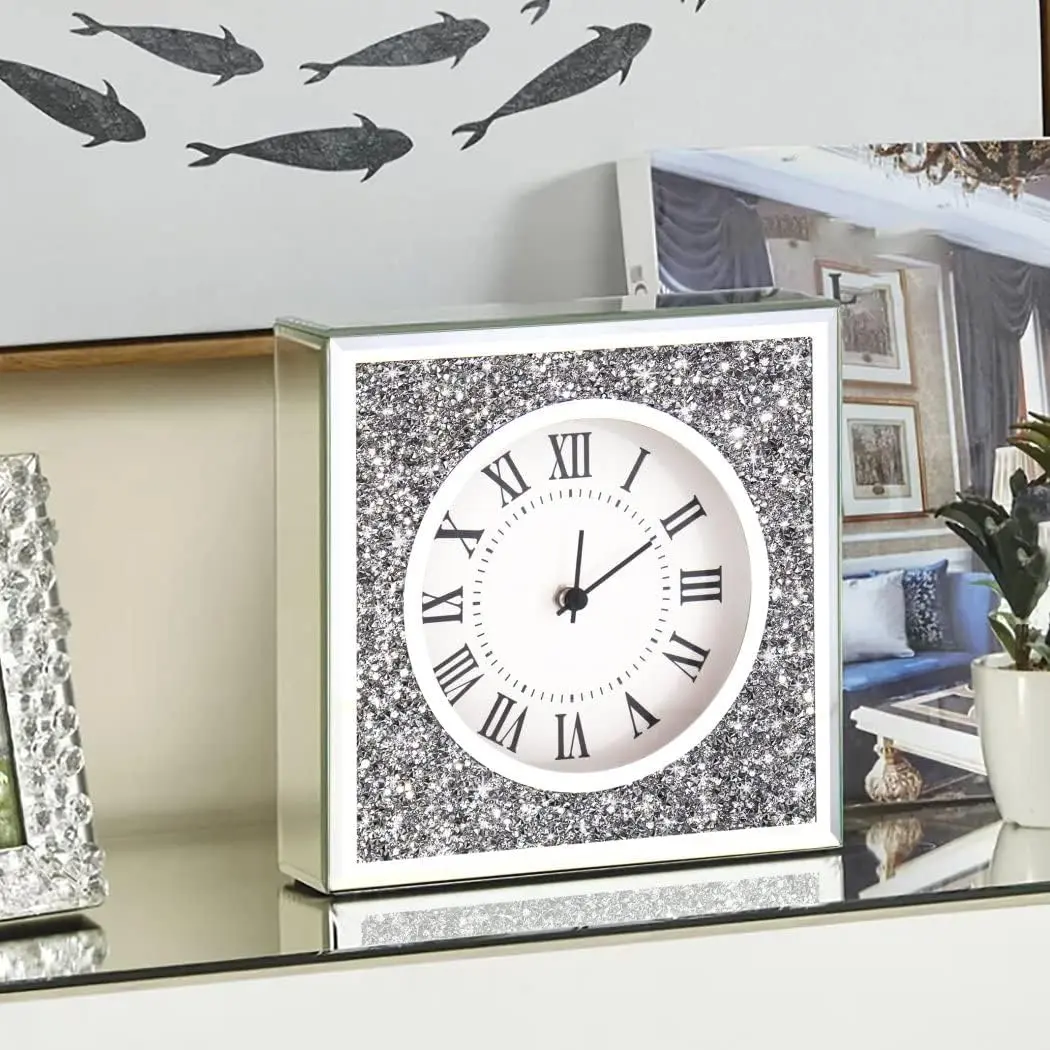 Desk Clock Wall Clock 8x8x2Inch Crushed Diamond Mirrored Clock Table Top Decorative Clock for Home Decoration.AA Battery not Included