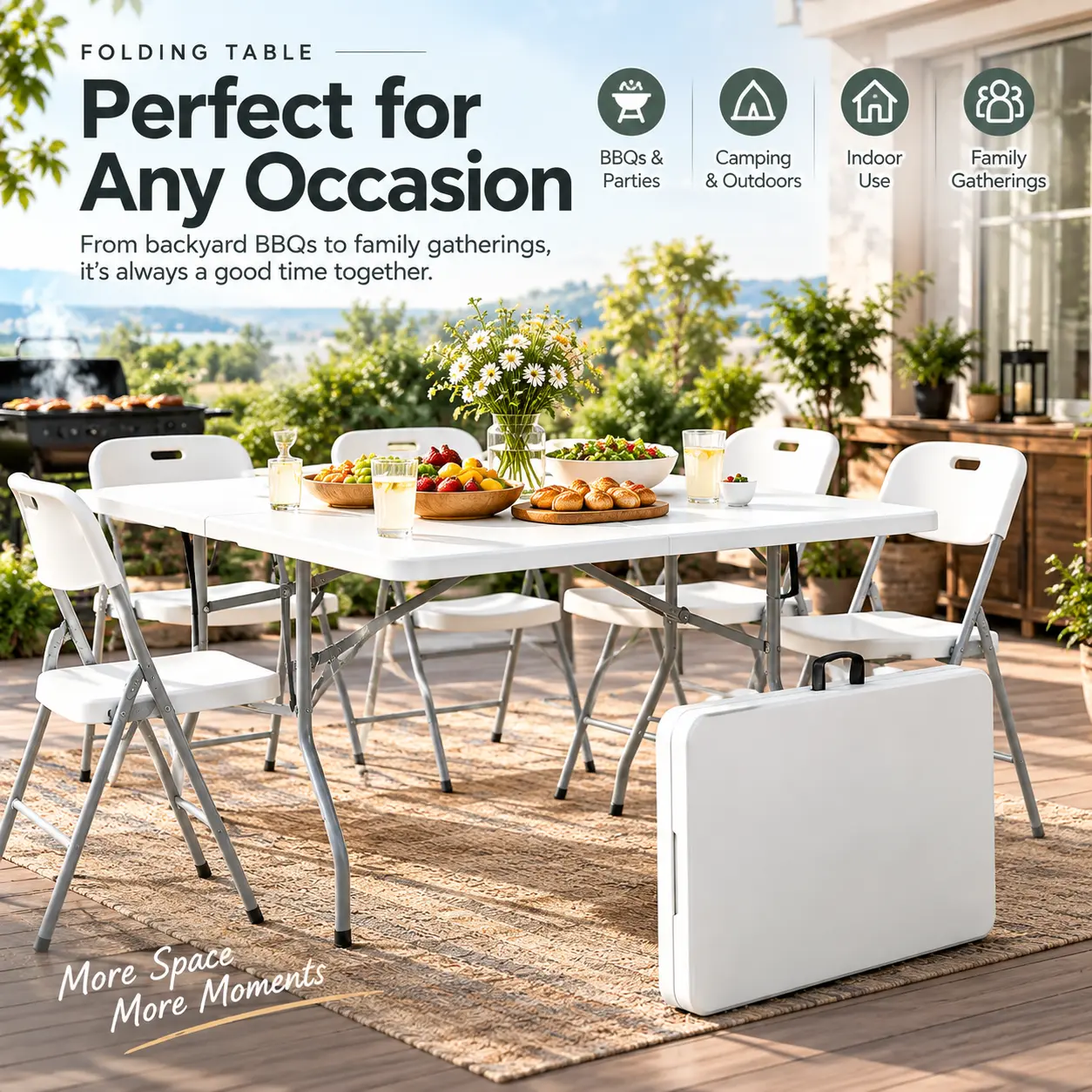 6FT Plastic Folding Table, Heavy-Duty Fold-in-Half Portable Table (Excluding chairs) with Built-in Carrying Handle & Steel Legs, Lightweight Indoor Outdoor Picnic Table for Party, Dining,  Wedding, Camping, Events, Utility(Excluding chairs)