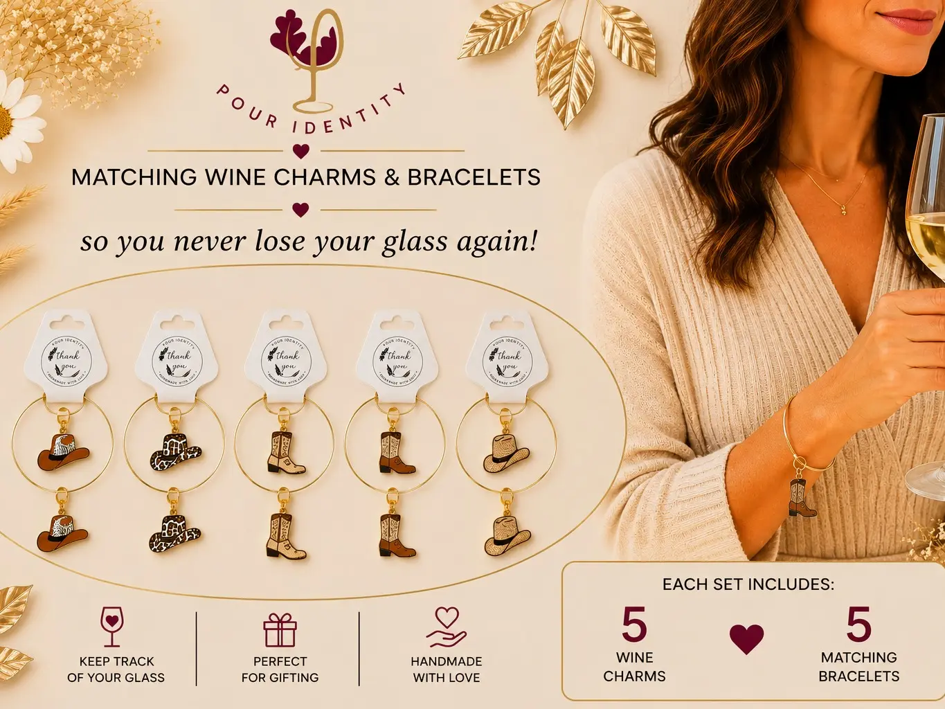 Set of 5 - Matching Wine Charms & Bracelets Howdy Pour'dner (gold, charms vary)