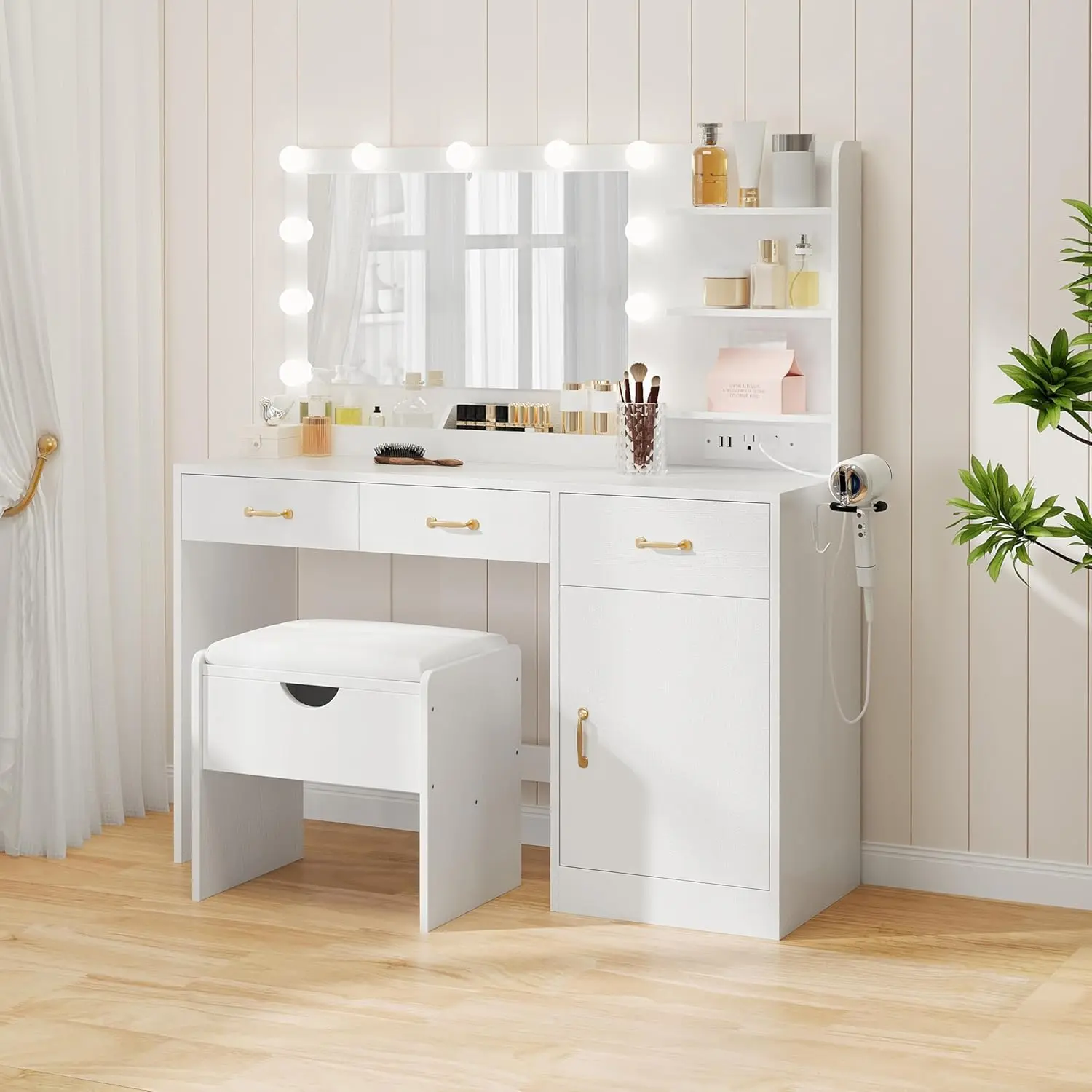 Makeup Vanity Desk with LED Lighted Mirror, Power Outlet & Charging Station, Wooden Dressing Table with 3 Drawers, 2 Cubbies, Cabinet & Open Shelves, for Bedroom Dressing Room