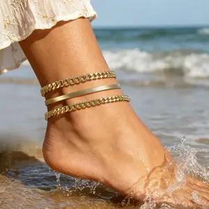 Triple Layered Three Piece Anklets, Gold Silver Stainless Steel Magic Chain Snake Bone Anklets, Gold Anklets for Women Non Tarnish, Fashionable Elegant Beach Foot Jewelry