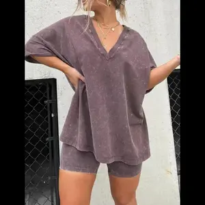 Women Washed 2 Piece SetLounge Set Oversized TopsBiker Shorts V Neck Drop Clothes Suits Casual Fit