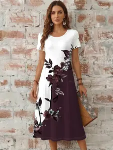 Women's Spring Summer Patchwork Floral Print Dress, Round Neck Short Sleeve Loose Midi Dress, Front Pocket Casual Skirt, Multiple Colors Available