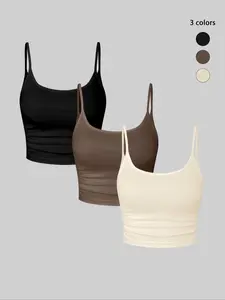 2026 Summer Bestseller Solid Color Versatile Casual Cami Top Set, Three-Piece Basic with Pads, Slim Fit Crop Innerwear, Wearable Outerwear