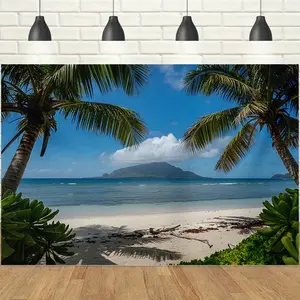 1pc 2D Tropical Island Beach Scenery Backdrop Banner, Coconut Palm & Blue Sea Mountain Elements, Fresh & Healing Style, Perfect for Summer Themed Party, Beach Wedding, Vacation Style Event Decor, Photo Booth Prop