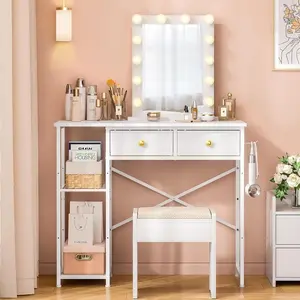 White Vanity Desk with 2 Drawers & Storage Shelf, Reversible Design for Small Spaces, 35 Inch Dressing Table
