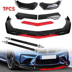 5Pcs Adjustable A Style Front Bumper Lip Chin Splitter Spoiler Air Dam Fit 66.9"-76.7" Width Cars + 2Pcs Adjustable 8"-11" Front Splitter Rods Fit For Dodge Charger/Nissan/Cruze/Malibu/Civic/Toyota/Altima , Glossy Black W/Red
