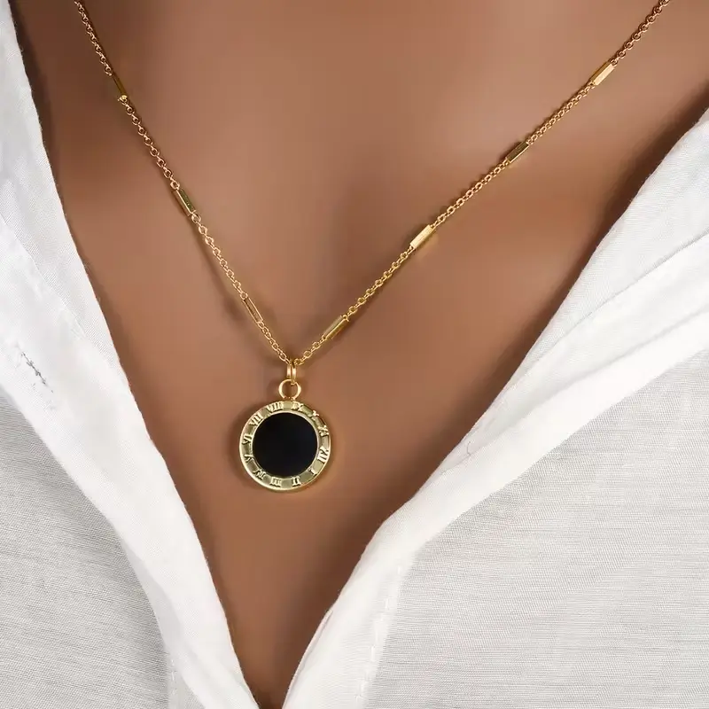 Minimalist Roman Numeral Black Onyx Circle Pendant Necklace, Dainty Gold Bar Chain, Vintage Inspired Jewelry Gift for Women