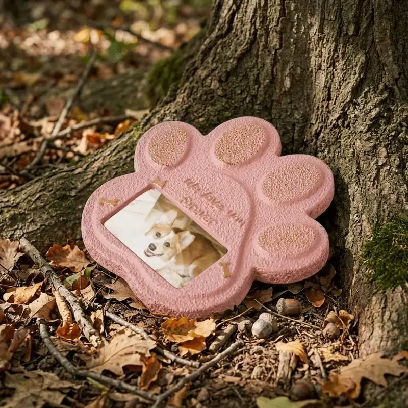 Cement Pet Memorial Stone, Paw Shape Photo Frame, Rainproof Heart Design, Dog Tombstone, Cat Grave Marker, Cemetery Tribute Gift, Outdoor, Outside