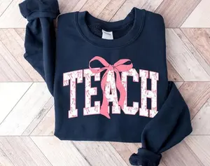 Coquette Teach Sweatshirt – Bow Varsity Teacher Crewneck, Cute Valentine Teacher Outfit, Girly Classroom Style
