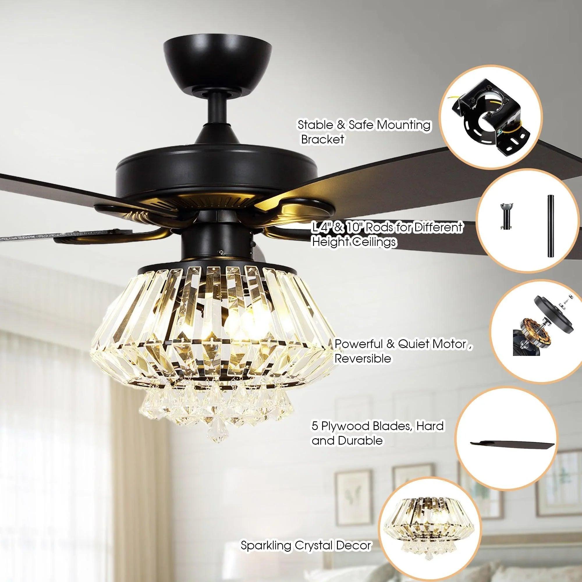 52" Kerala Modern Chrome Crystal Ceiling Fan, Downrod Mount, Reversible Blades with LED Light & Remote Control 52" Kerala Modern Chrome Crystal Ceiling Fan, Downrod Mount, Reversible Blades with LED Light & Remote Control